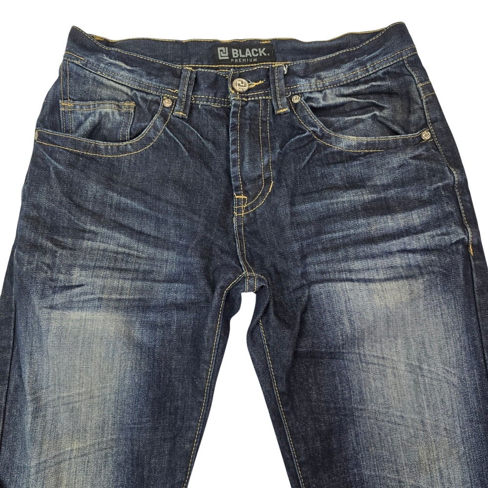 Black Premium Mens Slim Straight Jeans‎ Whiskered Embroidered Pockets 30x32